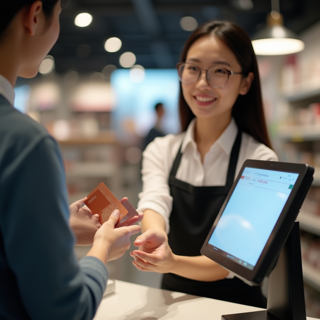 Shopper presenting a gift card at a retail point-of-sale terminal